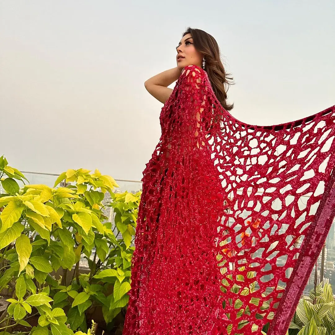 Indian Girl Hansika Motwani Red Saree Sleeveless Blouse